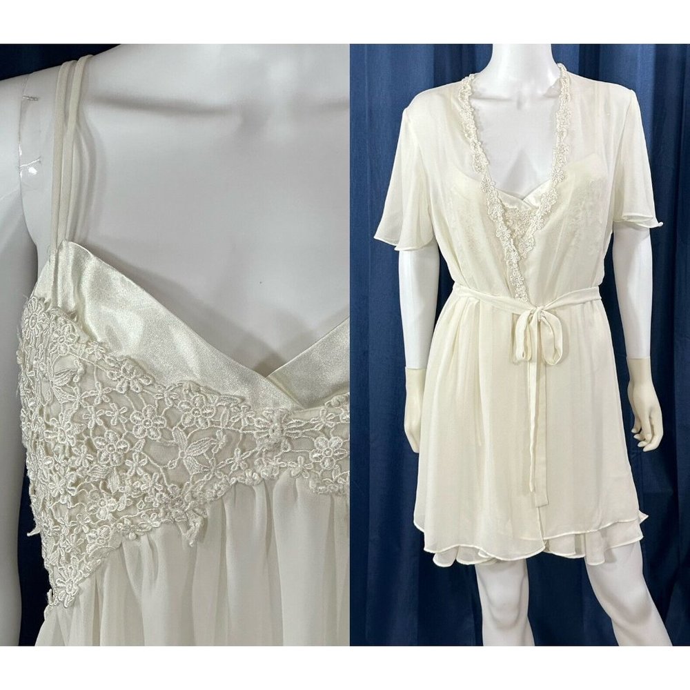 FLORA NIKROOZ Peignoir Bridal Chemise Gown Robe Chiffon Lace Y2K 37” Bust M